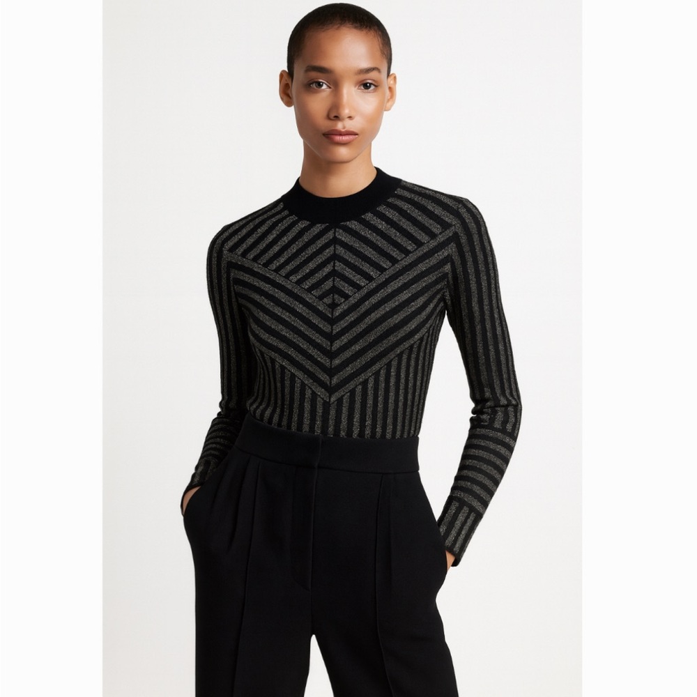 Dodo Bar Or Black & Silver Striped Wool & Metallic Knit Sweater Top